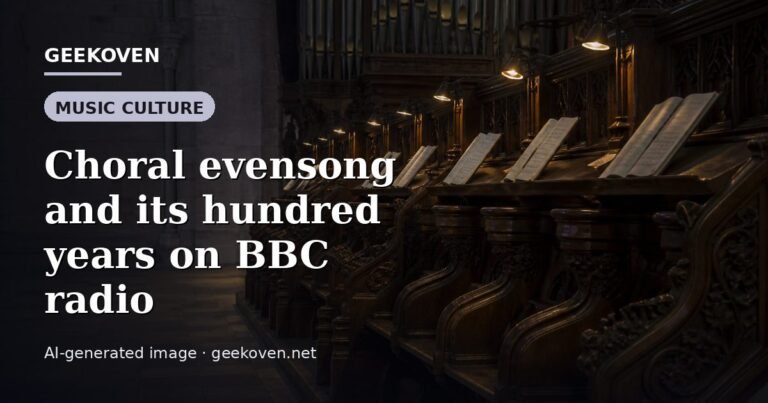 Illustration for the Music Culture article “Choral evensong and its hundred years on BBC radio”: an AI-generated editorial illustration showing a scene illustrating the subject of the article, with the headline set over it. Illustrative only, not a photograph of a real event.