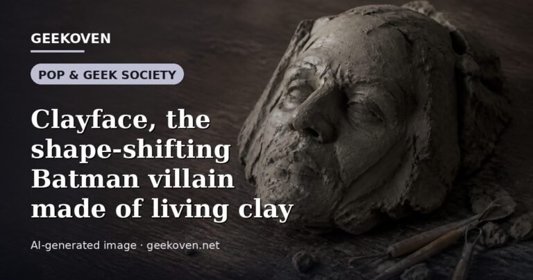 Illustration for the Pop & Geek Society article “Clayface, the shape-shifting Batman villain made of living clay”: an AI-generated editorial illustration showing a studio workspace seen from above, with a production timeline across the wall, with the headline set over it. Illustrative only, not a photograph of a real event.