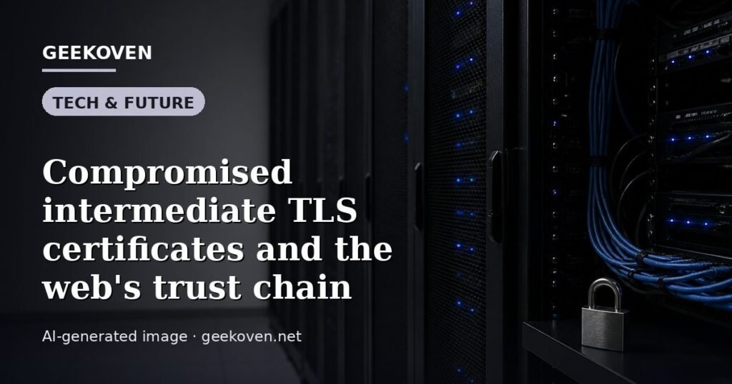 Illustration for the Tech & Future article “Compromised intermediate TLS certificates and the web's trust chain”: an AI-generated editorial illustration showing a scene illustrating the subject of the article, with the headline set over it. Illustrative only, not a photograph of a real event.