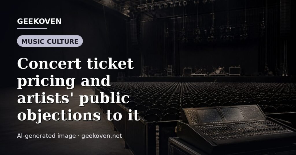 Illustration for the Music Culture article “Concert ticket pricing and artists' public objections to it”: an AI-generated editorial illustration showing a scene illustrating the subject of the article, with the headline set over it. Illustrative only, not a photograph of a real event.