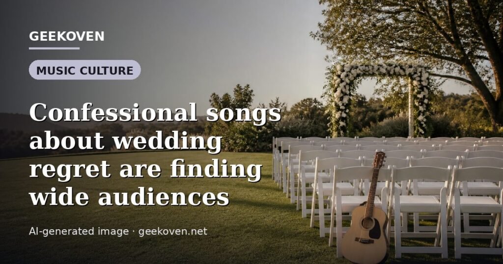 Illustration for the Music Culture article “Confessional songs about wedding regret are finding wide audiences”: an AI-generated editorial illustration showing a stadium crowd seen from high above, lights arranged in coordinated patterns, with the headline set over it. Illustrative only, not a photograph of a real event.