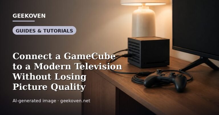 Illustration for the Guides & Tutorials article “Connect a GameCube to a Modern Television Without Losing Picture Quality”: an AI-generated editorial illustration showing a scene illustrating the subject of the article, with the headline set over it. Illustrative only, not a photograph of a real event.