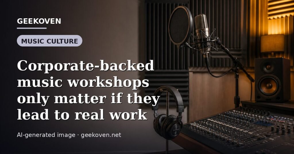 Illustration for the Music Culture article “Corporate-backed music workshops only matter if they lead to real work”: an AI-generated editorial illustration showing a scene illustrating the subject of the article, with the headline set over it. Illustrative only, not a photograph of a real event.