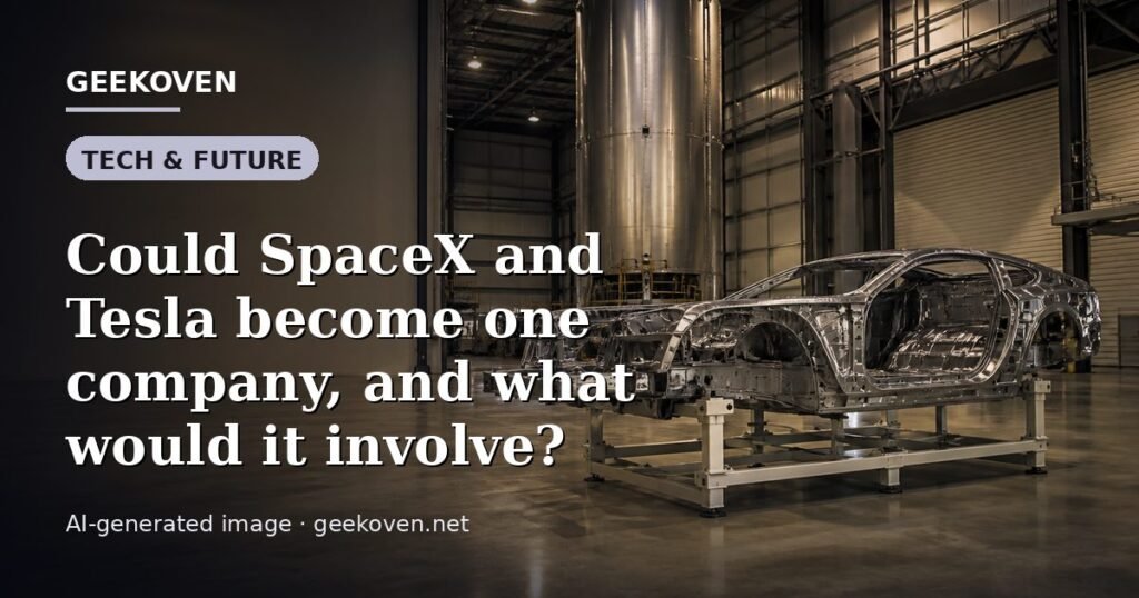 Illustration for the Tech & Future article “Could SpaceX and Tesla become one company, and what would it involve?”: an AI-generated editorial illustration showing a scene illustrating the subject of the article, with the headline set over it. Illustrative only, not a photograph of a real event.
