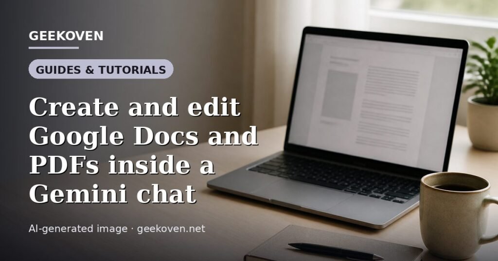 Illustration for the Guides & Tutorials article “Create and edit Google Docs and PDFs inside a Gemini chat”: an AI-generated editorial illustration showing a scene illustrating the subject of the article, with the headline set over it. Illustrative only, not a photograph of a real event.