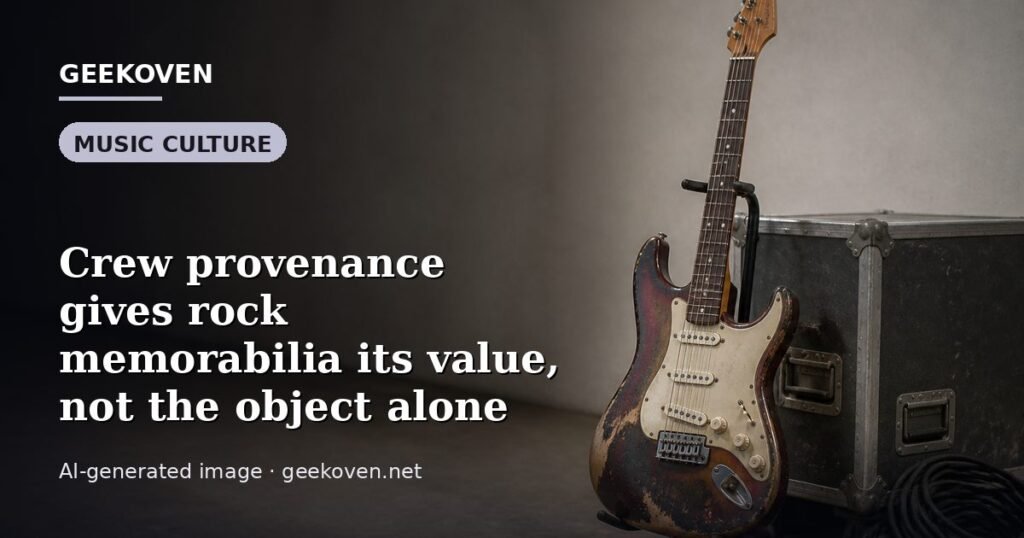 Illustration for the Music Culture article “Crew provenance gives rock memorabilia its value, not the object alone”: an AI-generated editorial illustration showing a scene illustrating the subject of the article, with the headline set over it. Illustrative only, not a photograph of a real event.