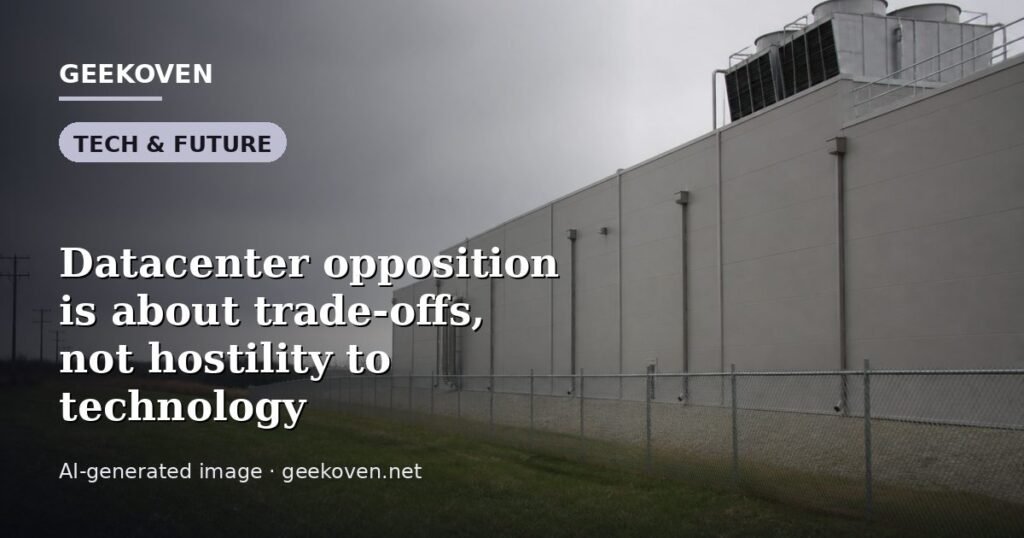 Illustration for the Tech & Future article “Datacenter opposition is about trade-offs, not hostility to technology”: an AI-generated editorial illustration showing a scene illustrating the subject of the article, with the headline set over it. Illustrative only, not a photograph of a real event.