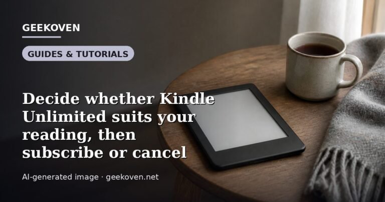 Illustration for the Guides & Tutorials article “Decide whether Kindle Unlimited suits your reading, then subscribe or cancel”: an AI-generated editorial illustration showing a scene illustrating the subject of the article, with the headline set over it. Illustrative only, not a photograph of a real event.