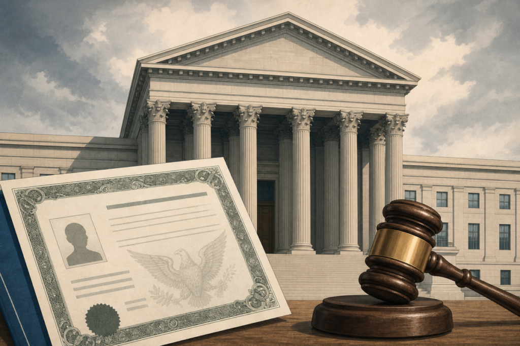 Illustration of a U.S. courthouse and a naturalization certificate, symbolizing denaturalization lawsuits
