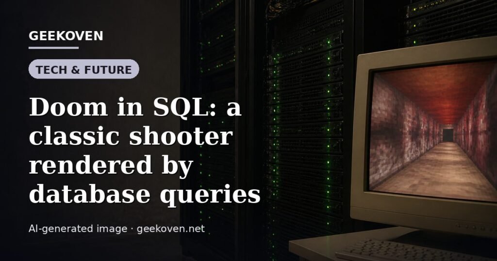 Illustration for the Tech & Future article “Doom in SQL: a classic shooter rendered by database queries”: an AI-generated editorial illustration showing a studio workspace seen from above, with a production timeline across the wall, with the headline set over it. Illustrative only, not a photograph of a real event.