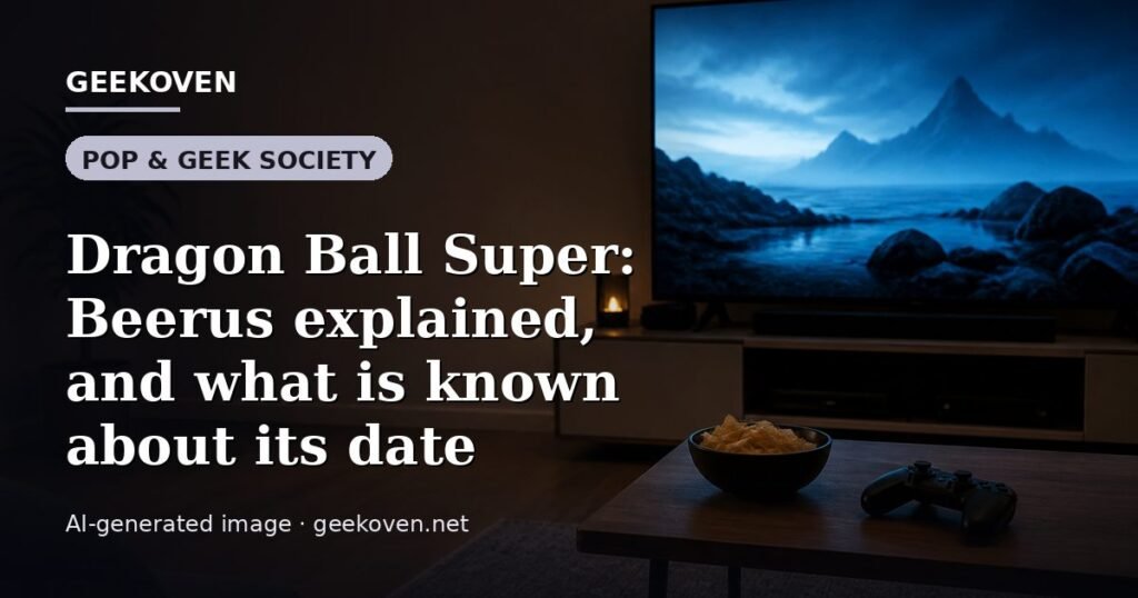 Illustration for the Pop & Geek Society article “Dragon Ball Super: Beerus explained, and what is known about its date”: an AI-generated editorial illustration showing a scene illustrating the subject of the article, with the headline set over it. Illustrative only, not a photograph of a real event.