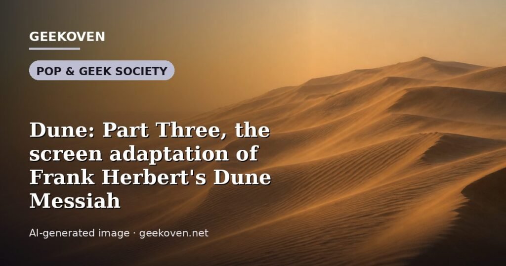 Illustration for the Pop & Geek Society article “Dune: Part Three, the screen adaptation of Frank Herbert's Dune Messiah”: an AI-generated editorial illustration showing a scene illustrating the subject of the article, with the headline set over it. Illustrative only, not a photograph of a real event.