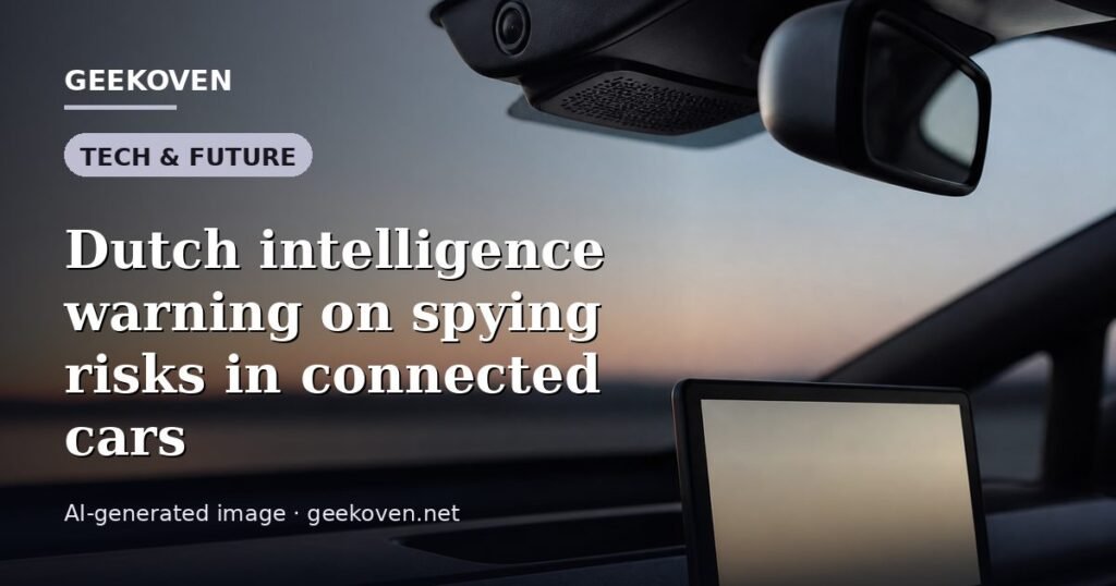 Illustration for the Tech & Future article “Dutch intelligence warning on spying risks in connected cars”: an AI-generated editorial illustration showing a scene illustrating the subject of the article, with the headline set over it. Illustrative only, not a photograph of a real event.