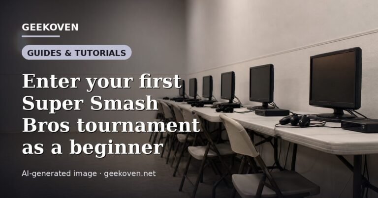 Illustration for the Guides & Tutorials article “Enter your first Super Smash Bros tournament as a beginner”: an AI-generated editorial illustration showing a scene illustrating the subject of the article, with the headline set over it. Illustrative only, not a photograph of a real event.