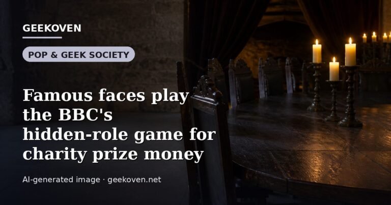 Illustration for the Pop & Geek Society article “Famous faces play the BBC's hidden-role game for charity prize money”: an AI-generated editorial illustration showing a scene illustrating the subject of the article, with the headline set over it. Illustrative only, not a photograph of a real event.