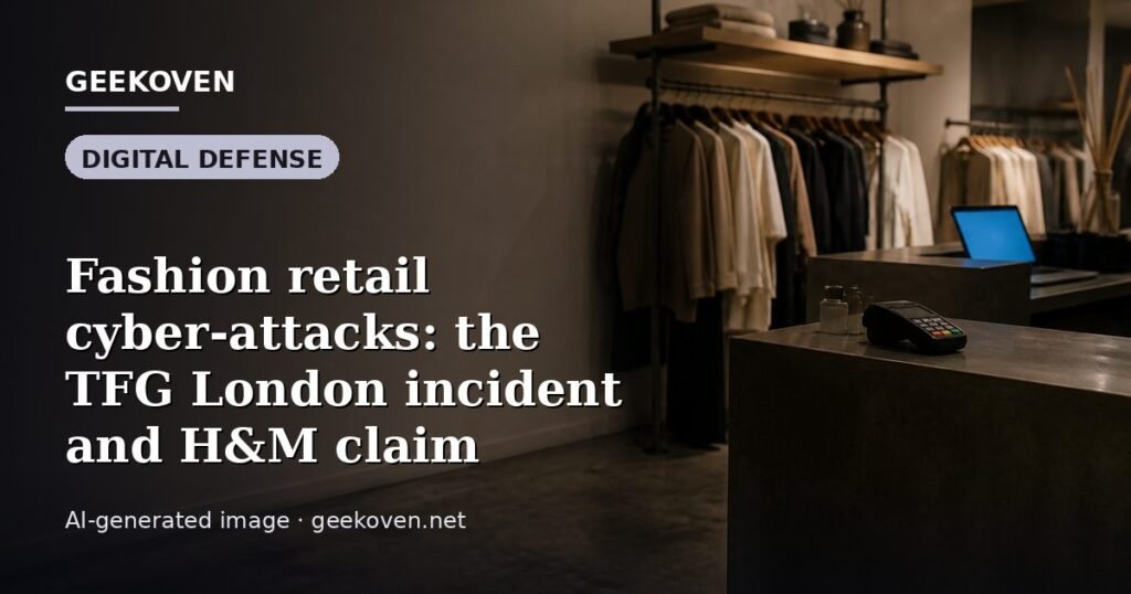 Illustration for the Digital Defense article “Fashion retail cyber-attacks: the TFG London incident and H&M claim”: an AI-generated editorial illustration showing a scene illustrating the subject of the article, with the headline set over it. Illustrative only, not a photograph of a real event.