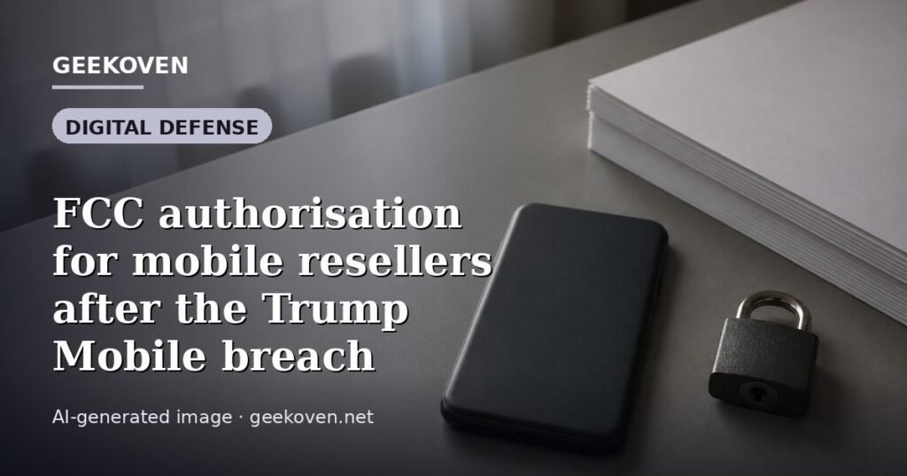 Illustration for the Digital Defense article “FCC authorisation for mobile resellers after the Trump Mobile breach”: an AI-generated editorial illustration showing a scene illustrating the subject of the article, with the headline set over it. Illustrative only, not a photograph of a real event.
