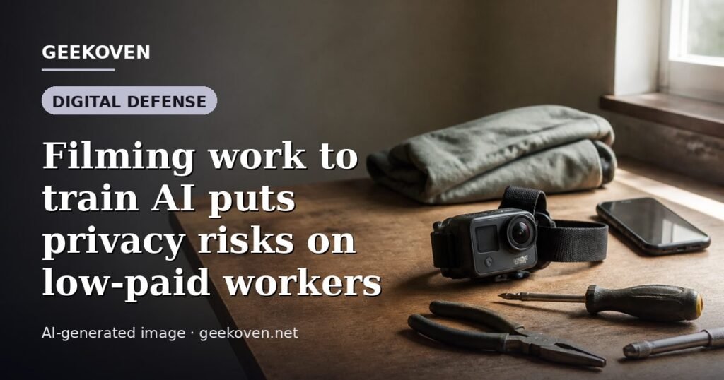 Illustration for the Digital Defense article “Filming work to train AI puts privacy risks on low-paid workers”: an AI-generated editorial illustration showing a scene illustrating the subject of the article, with the headline set over it. Illustrative only, not a photograph of a real event.