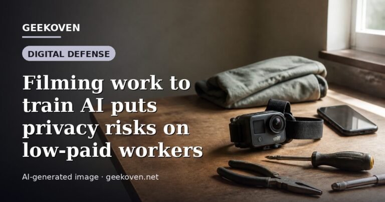 Illustration for the Digital Defense article “Filming work to train AI puts privacy risks on low-paid workers”: an AI-generated editorial illustration showing a scene illustrating the subject of the article, with the headline set over it. Illustrative only, not a photograph of a real event.