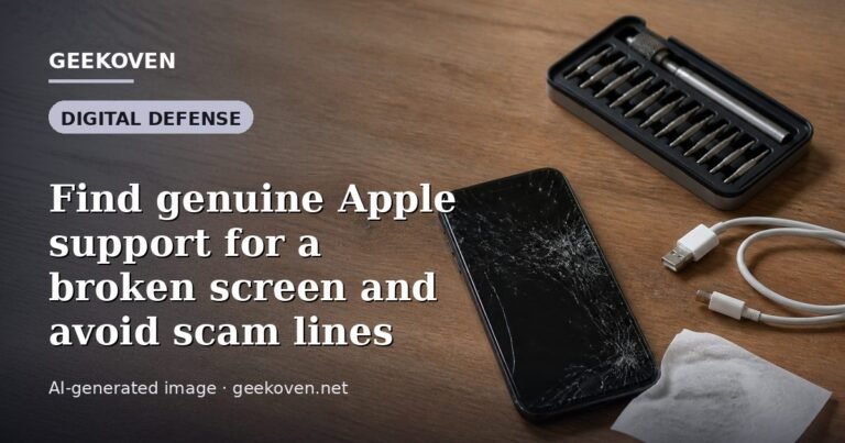Illustration for the Digital Defense article “Find genuine Apple support for a broken screen and avoid scam lines”: an AI-generated editorial illustration showing a scene illustrating the subject of the article, with the headline set over it. Illustrative only, not a photograph of a real event.