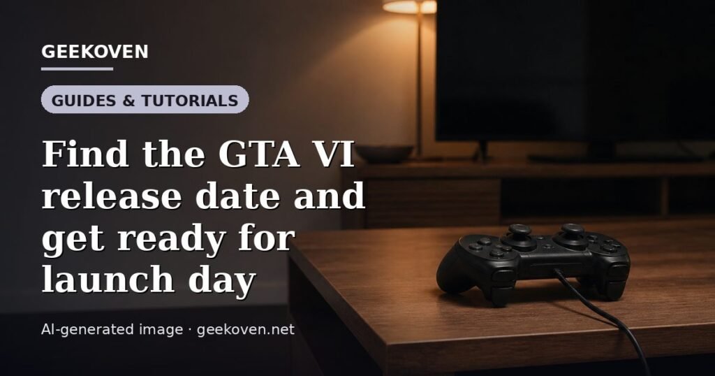 Illustration for the Guides & Tutorials article “Find the GTA VI release date and get ready for launch day”: an AI-generated editorial illustration showing a studio workspace seen from above, with a production timeline across the wall, with the headline set over it. Illustrative only, not a photograph of a real event.