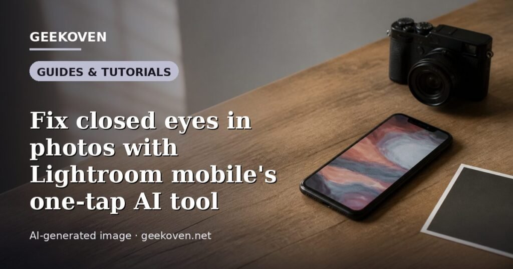 Illustration for the Guides & Tutorials article “Fix closed eyes in photos with Lightroom mobile's one-tap AI tool”: an AI-generated editorial illustration showing a scene illustrating the subject of the article, with the headline set over it. Illustrative only, not a photograph of a real event.
