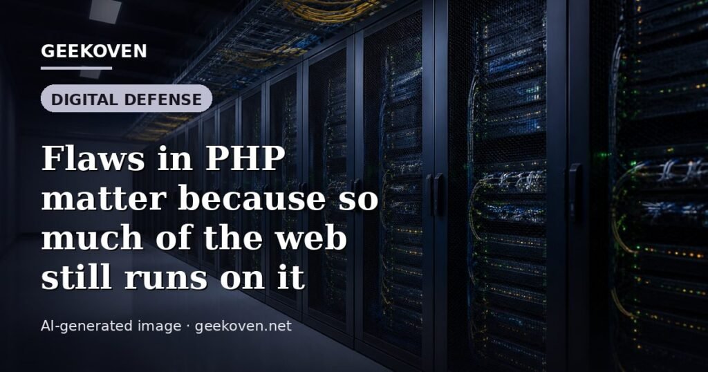 Illustration for the Digital Defense article “Flaws in PHP matter because so much of the web still runs on it”: an AI-generated editorial illustration showing a scene illustrating the subject of the article, with the headline set over it. Illustrative only, not a photograph of a real event.