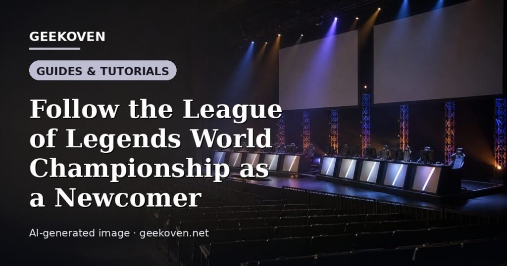 Illustration for the Guides & Tutorials article “Follow the League of Legends World Championship as a Newcomer”: an AI-generated editorial illustration showing a stadium crowd seen from high above, lights arranged in coordinated patterns, with the headline set over it. Illustrative only, not a photograph of a real event.