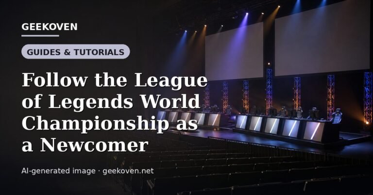 Illustration for the Guides & Tutorials article “Follow the League of Legends World Championship as a Newcomer”: an AI-generated editorial illustration showing a stadium crowd seen from high above, lights arranged in coordinated patterns, with the headline set over it. Illustrative only, not a photograph of a real event.