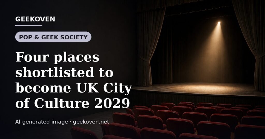 Illustration for the Pop & Geek Society article “Four places shortlisted to become UK City of Culture 2029”: an AI-generated editorial illustration showing a scene illustrating the subject of the article, with the headline set over it. Illustrative only, not a photograph of a real event.