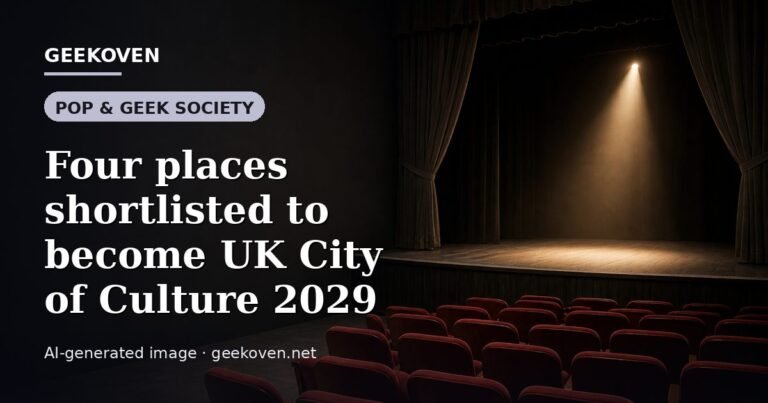 Illustration for the Pop & Geek Society article “Four places shortlisted to become UK City of Culture 2029”: an AI-generated editorial illustration showing a scene illustrating the subject of the article, with the headline set over it. Illustrative only, not a photograph of a real event.