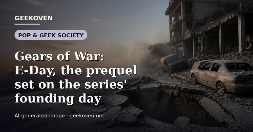 Illustration for the Pop & Geek Society article “Gears of War: E-Day, the prequel set on the series' founding day”: an AI-generated editorial illustration showing a studio workspace seen from above, with a production timeline across the wall, with the headline set over it. Illustrative only, not a photograph of a real event.