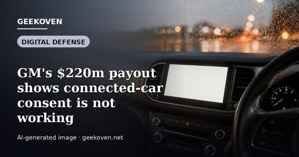 Illustration for the Digital Defense article “GM's $220m payout shows connected-car consent is not working”: an AI-generated editorial illustration showing a scene illustrating the subject of the article, with the headline set over it. Illustrative only, not a photograph of a real event.