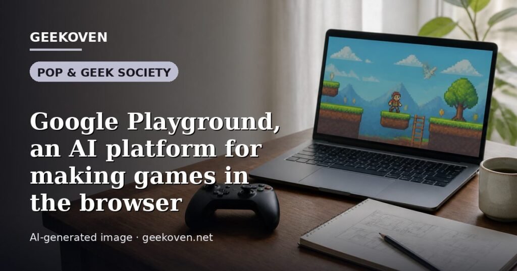 Illustration for the Pop & Geek Society article “Google Playground, an AI platform for making games in the browser”: an AI-generated editorial illustration showing a studio workspace seen from above, with a production timeline across the wall, with the headline set over it. Illustrative only, not a photograph of a real event.