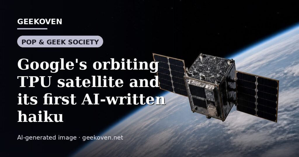 Illustration for the Pop & Geek Society article “Google's orbiting TPU satellite and its first AI-written haiku”: an AI-generated editorial illustration showing a server hall with long rows of equipment cabinets and power infrastructure, with the headline set over it. Illustrative only, not a photograph of a real event.