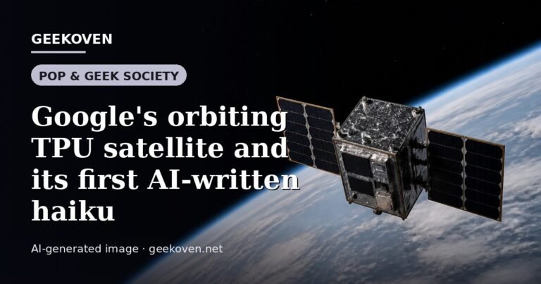 Illustration for the Pop & Geek Society article “Google's orbiting TPU satellite and its first AI-written haiku”: an AI-generated editorial illustration showing a server hall with long rows of equipment cabinets and power infrastructure, with the headline set over it. Illustrative only, not a photograph of a real event.
