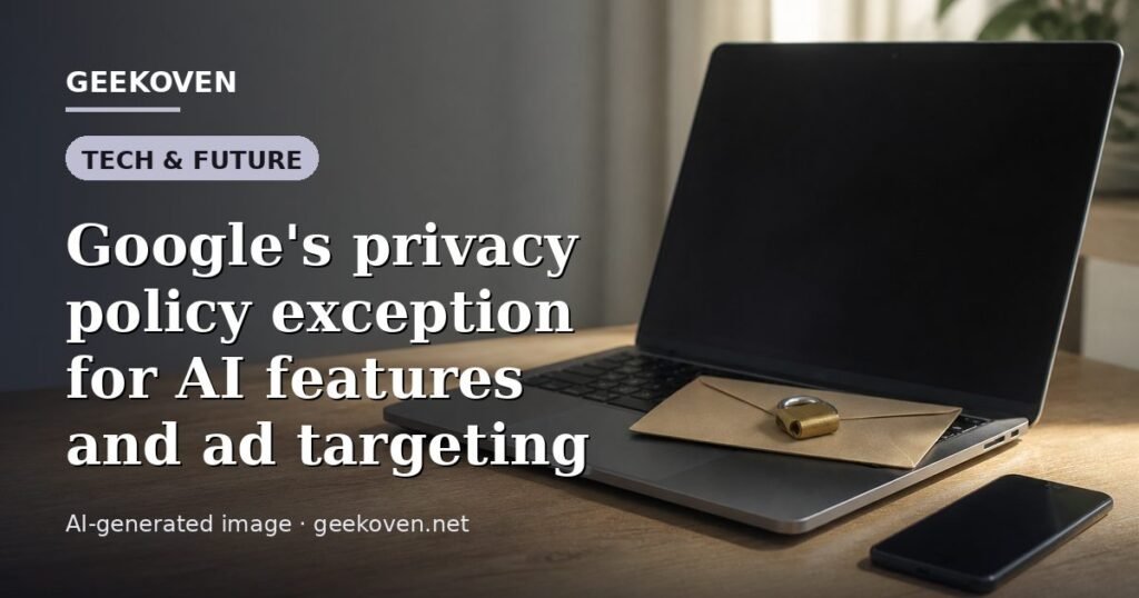 Illustration for the Tech & Future article “Google's privacy policy exception for AI features and ad targeting”: an AI-generated editorial illustration showing a scene illustrating the subject of the article, with the headline set over it. Illustrative only, not a photograph of a real event.