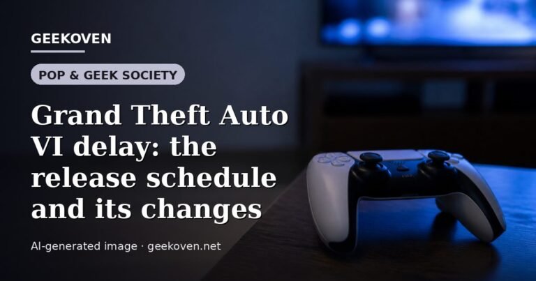 Illustration for the Pop & Geek Society article “Grand Theft Auto VI delay: the release schedule and its changes”: an AI-generated editorial illustration showing a studio workspace seen from above, with a production timeline across the wall, with the headline set over it. Illustrative only, not a photograph of a real event.