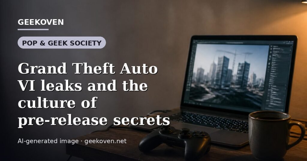 Illustration for the Pop & Geek Society article “Grand Theft Auto VI leaks and the culture of pre-release secrets”: an AI-generated editorial illustration showing a studio workspace seen from above, with a production timeline across the wall, with the headline set over it. Illustrative only, not a photograph of a real event.
