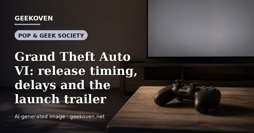 Illustration for the Pop & Geek Society article “Grand Theft Auto VI: release timing, delays and the launch trailer”: an AI-generated editorial illustration showing a studio workspace seen from above, with a production timeline across the wall, with the headline set over it. Illustrative only, not a photograph of a real event.