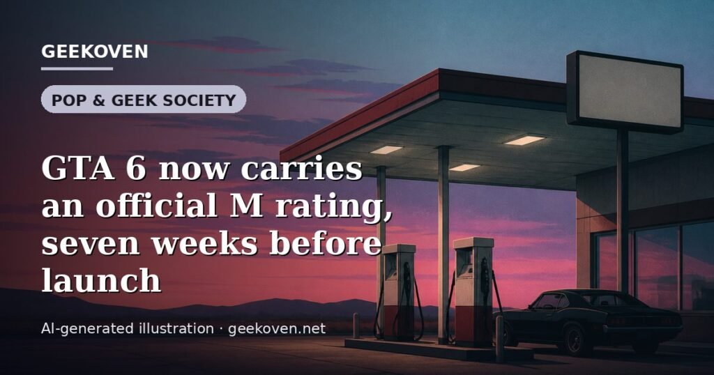 Illustration for the Pop & Geek Society article “GTA 6 now carries an official M rating, seven weeks before launch”: an AI-generated editorial illustration showing a scene illustrating the subject of the article, with the headline set over it. Illustrative only, not a photograph of a real event.