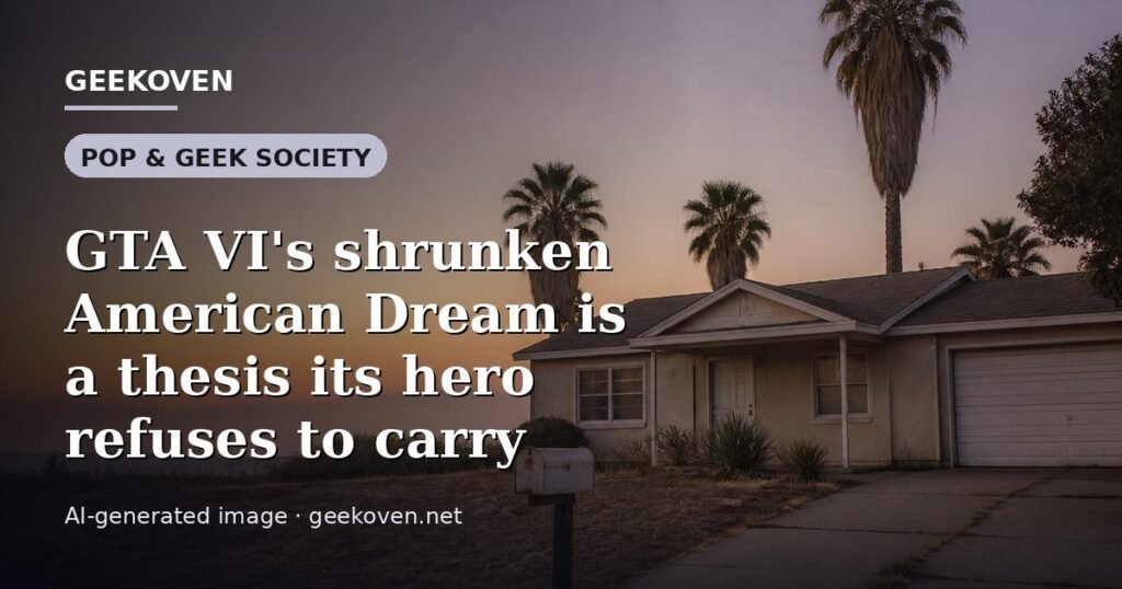 Illustration for the Pop & Geek Society article “GTA VI's shrunken American Dream is a thesis its hero refuses to carry”: an AI-generated editorial illustration showing a scene illustrating the subject of the article, with the headline set over it. Illustrative only, not a photograph of a real event.