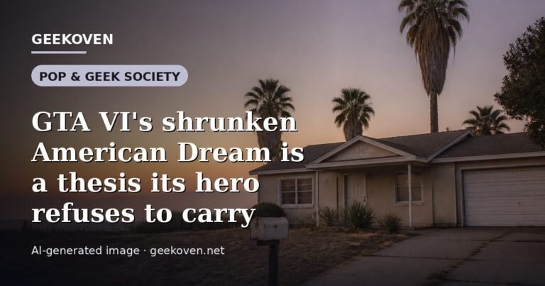 Illustration for the Pop & Geek Society article “GTA VI's shrunken American Dream is a thesis its hero refuses to carry”: an AI-generated editorial illustration showing a scene illustrating the subject of the article, with the headline set over it. Illustrative only, not a photograph of a real event.