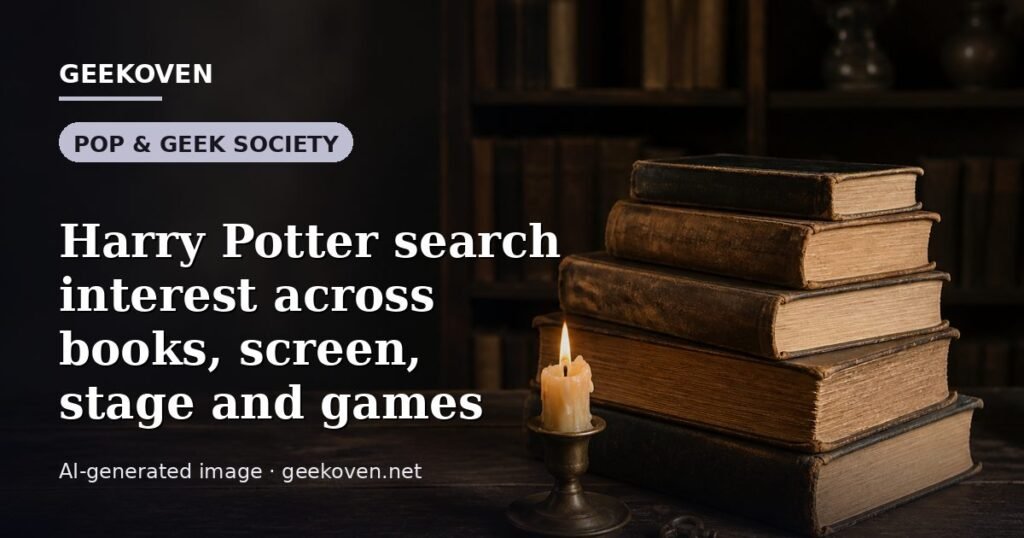 Illustration for the Pop & Geek Society article “Harry Potter search interest across books, screen, stage and games”: an AI-generated editorial illustration showing a studio workspace seen from above, with a production timeline across the wall, with the headline set over it. Illustrative only, not a photograph of a real event.