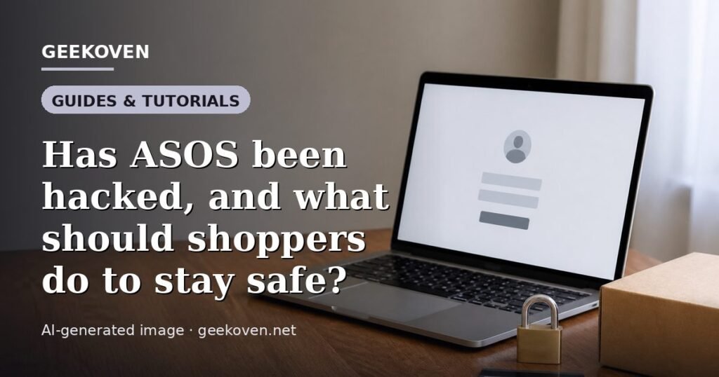 Illustration for the Guides & Tutorials article “Has ASOS been hacked, and what should shoppers do to stay safe?”: an AI-generated editorial illustration showing a scene illustrating the subject of the article, with the headline set over it. Illustrative only, not a photograph of a real event.