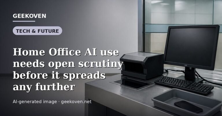 Illustration for the Tech & Future article “Home Office AI use needs open scrutiny before it spreads any further”: an AI-generated editorial illustration showing a scene illustrating the subject of the article, with the headline set over it. Illustrative only, not a photograph of a real event.