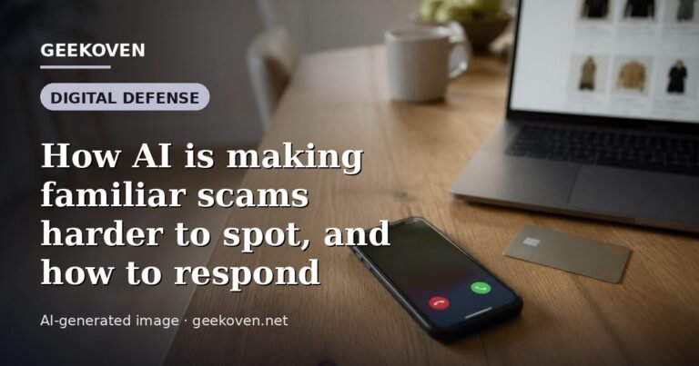 Illustration for the Digital Defense article “How AI is making familiar scams harder to spot, and how to respond”: an AI-generated editorial illustration showing a scene illustrating the subject of the article, with the headline set over it. Illustrative only, not a photograph of a real event.