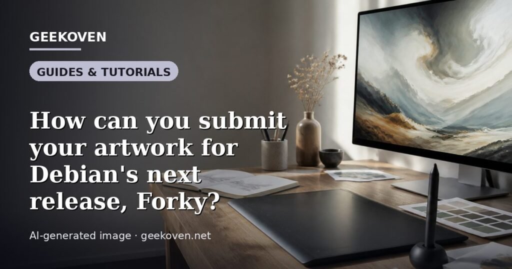 Illustration for the Guides & Tutorials article “How can you submit your artwork for Debian's next release, Forky?”: an AI-generated editorial illustration showing a scene illustrating the subject of the article, with the headline set over it. Illustrative only, not a photograph of a real event.