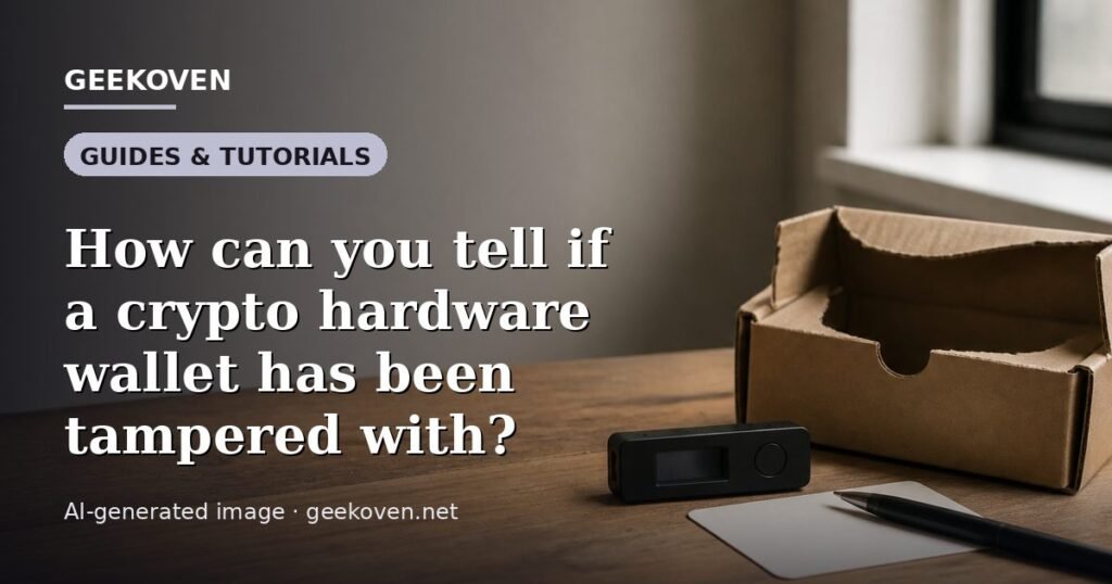 Illustration for the Guides & Tutorials article “How can you tell if a crypto hardware wallet has been tampered with?”: an AI-generated editorial illustration showing a scene illustrating the subject of the article, with the headline set over it. Illustrative only, not a photograph of a real event.