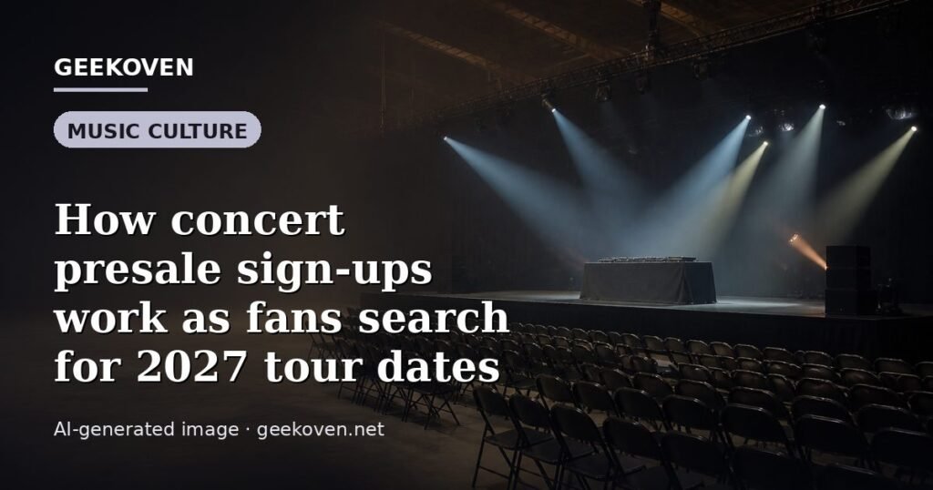 Illustration for the Music Culture article “How concert presale sign-ups work as fans search for 2027 tour dates”: an AI-generated editorial illustration showing a scene illustrating the subject of the article, with the headline set over it. Illustrative only, not a photograph of a real event.